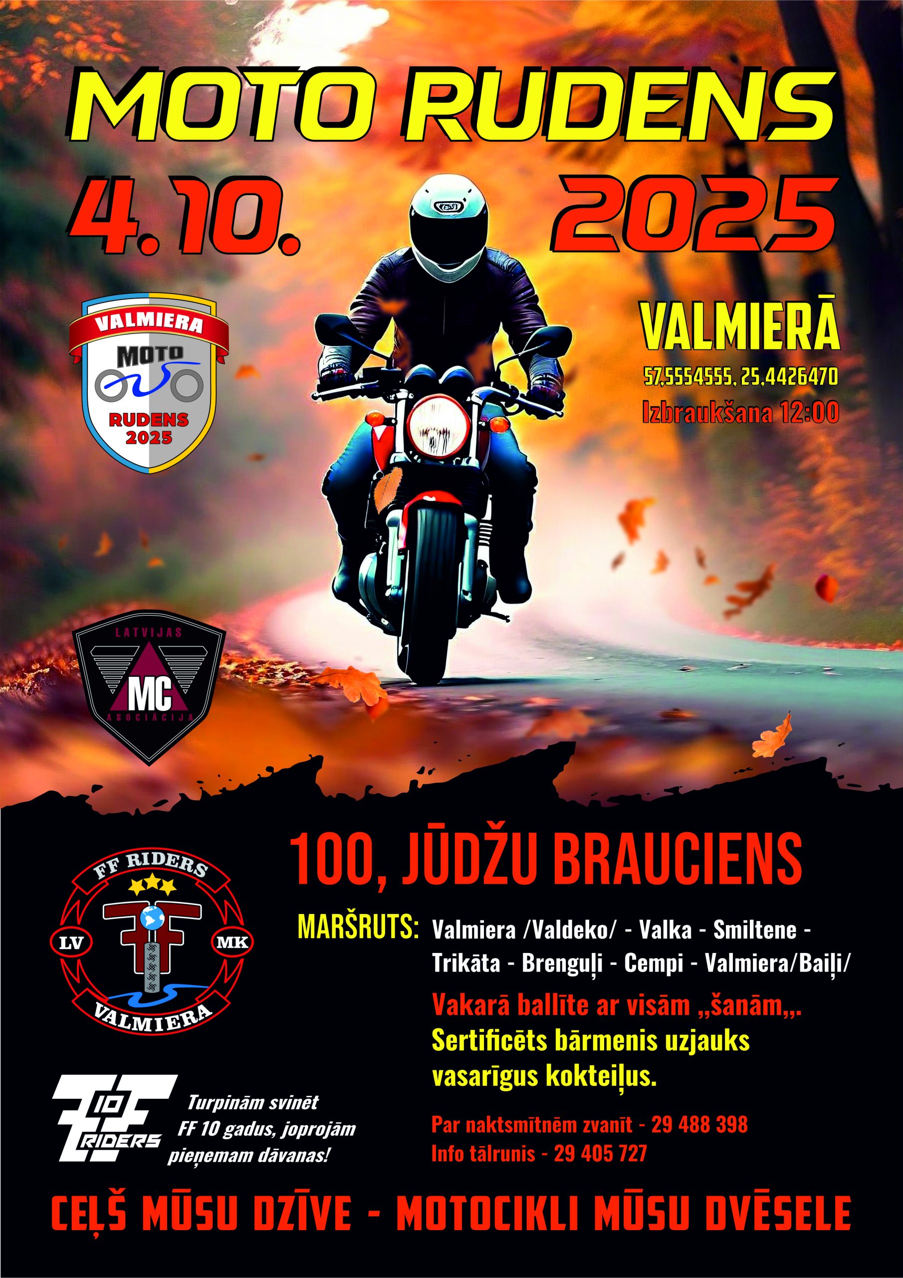 Valmiera moto 100 mile run. 4 OCT 2025 12:00 Valmiera-Valka-Smiltene-Trikāta-Brenguļi-Cempi-Valmiera (Baiļi)